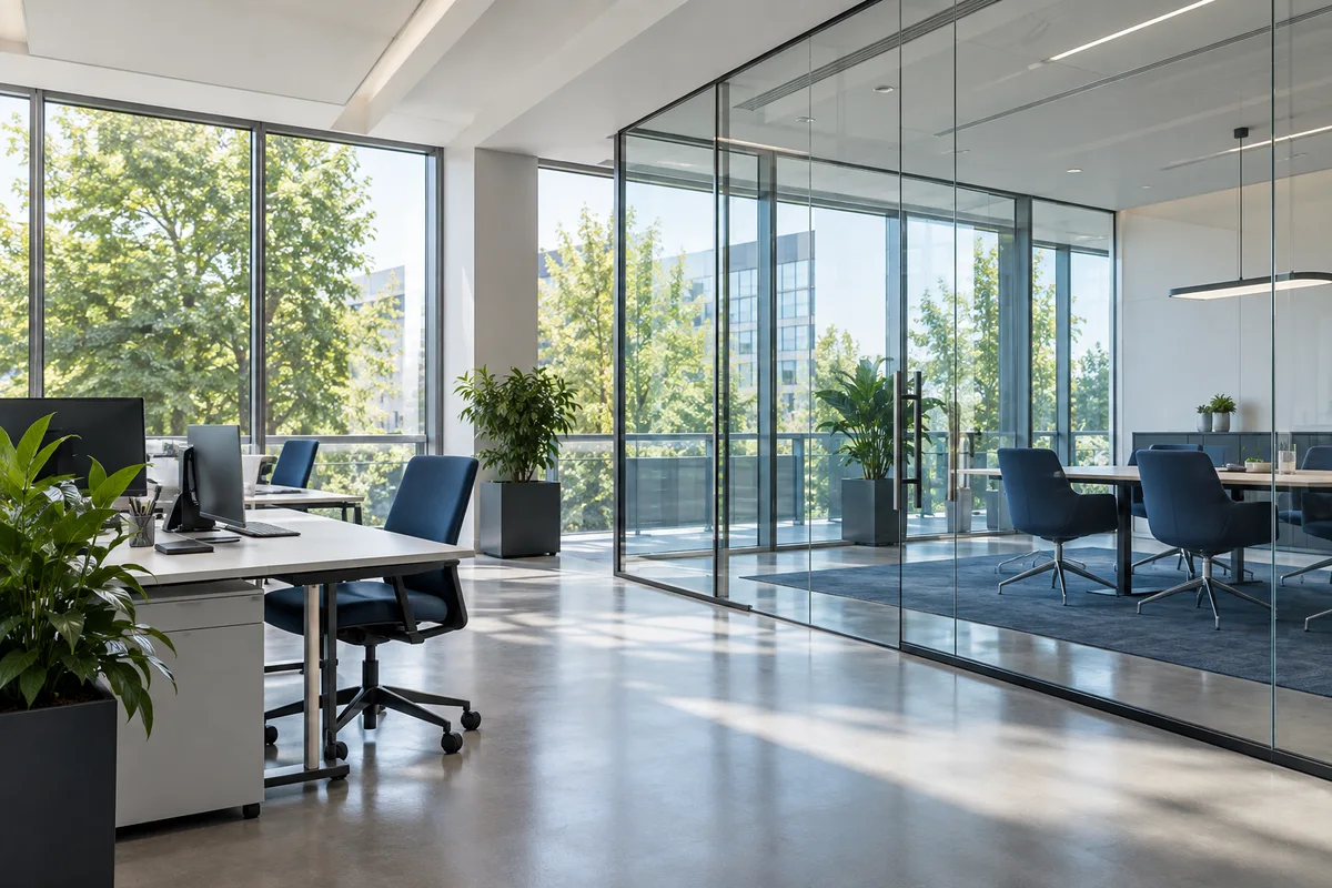 Helles Büro mit gepflegten Glasflächen und Besprechungsbereich – generiertes Demomotiv