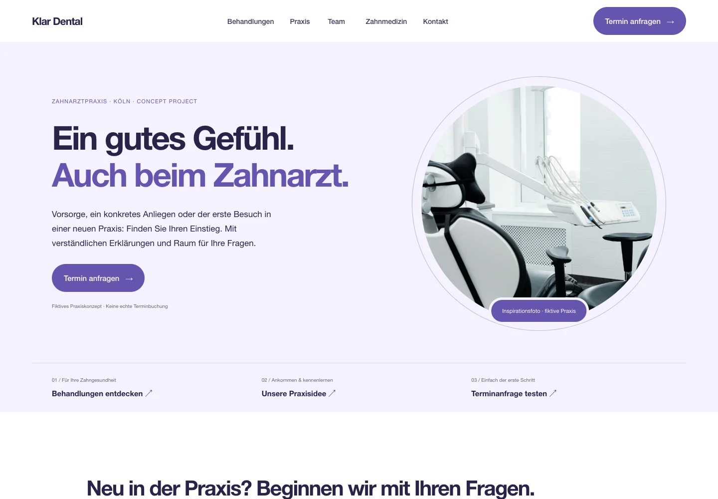 Desktop-Ansicht des Klar Dental Demo-Projekts
