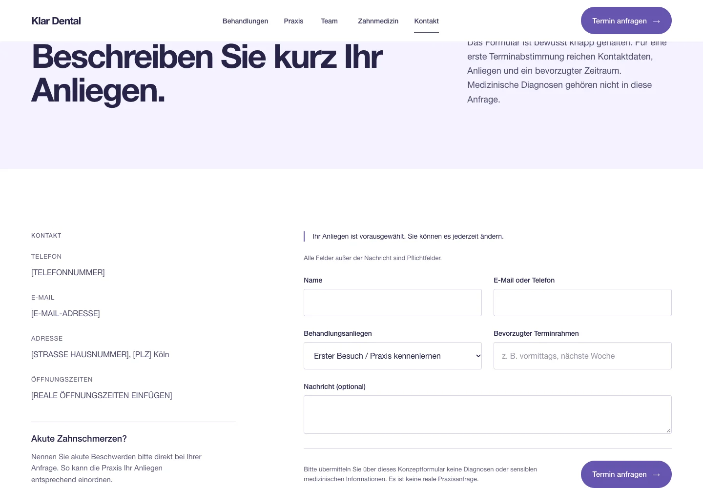 Klar Dental: tatsächliche Ansicht des Anfragewegs des Demo-Projekts