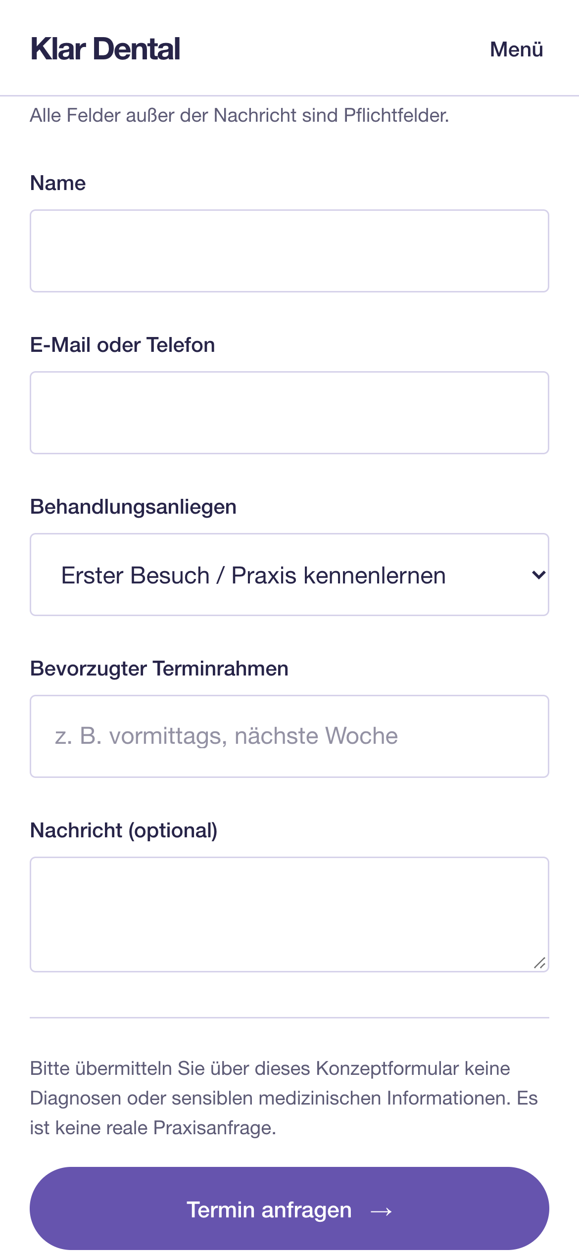 Klar Dental: tatsächliche mobile Ansicht des Demo-Projekts