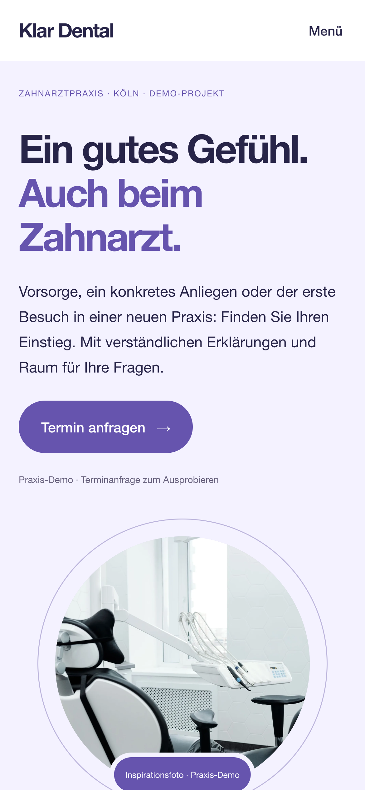Mobile Ansicht des Klar Dental Demo-Projekts