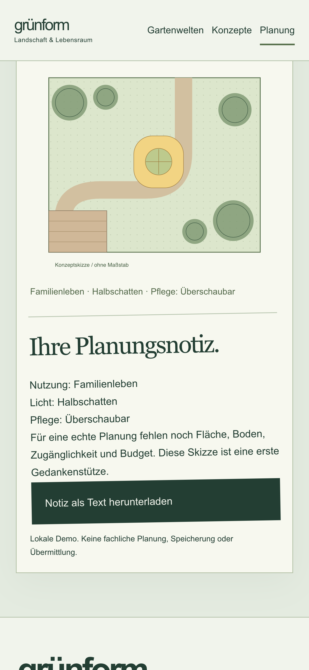 Grünform: tatsächliche mobile Ansicht des Demo-Projekts