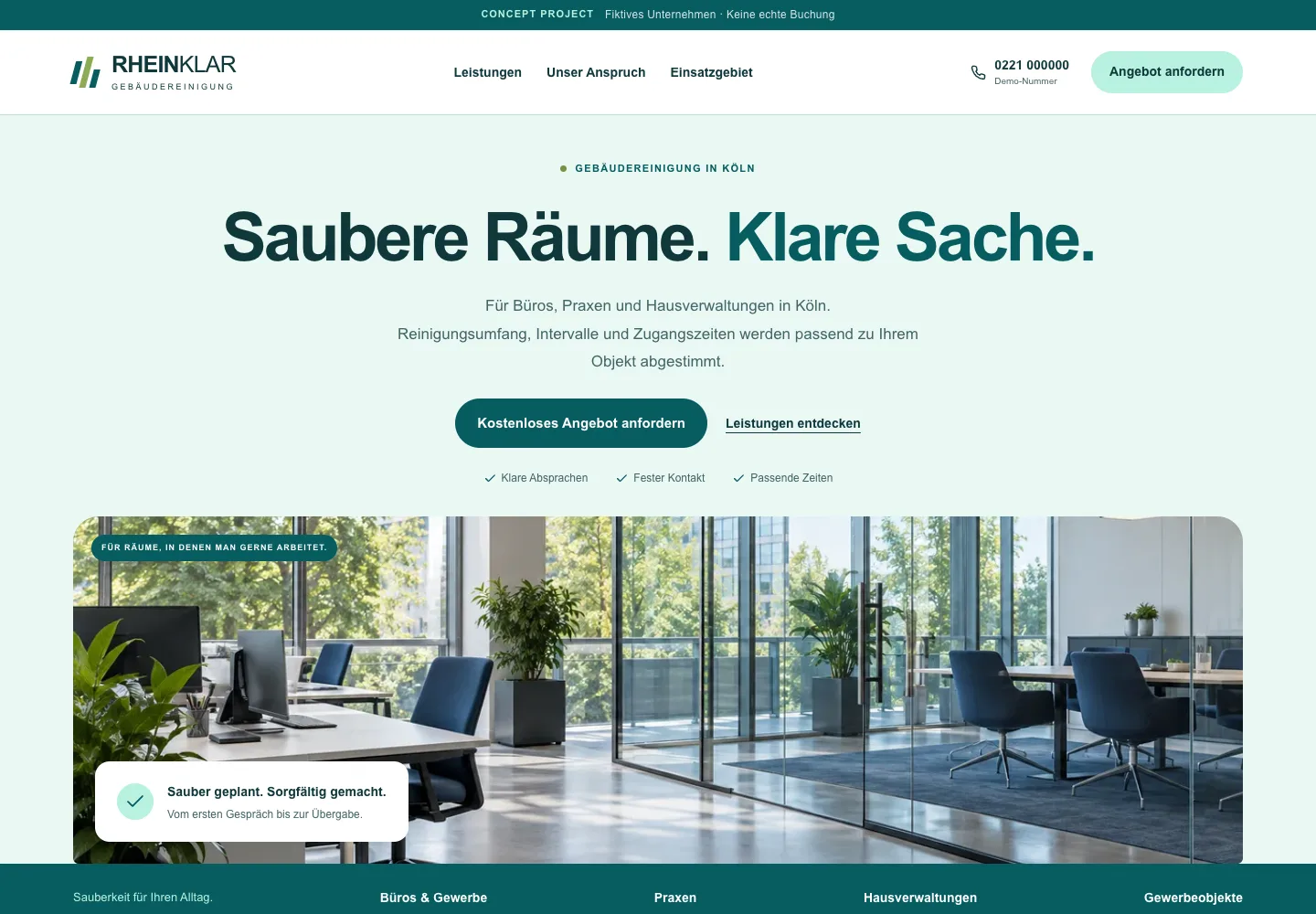 Desktop-Ansicht des Rheinklar Demo-Projekts