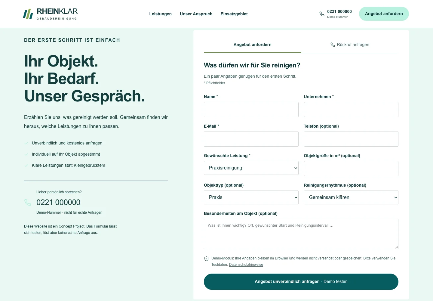 Rheinklar: tatsächliche Ansicht des Anfragewegs des Demo-Projekts