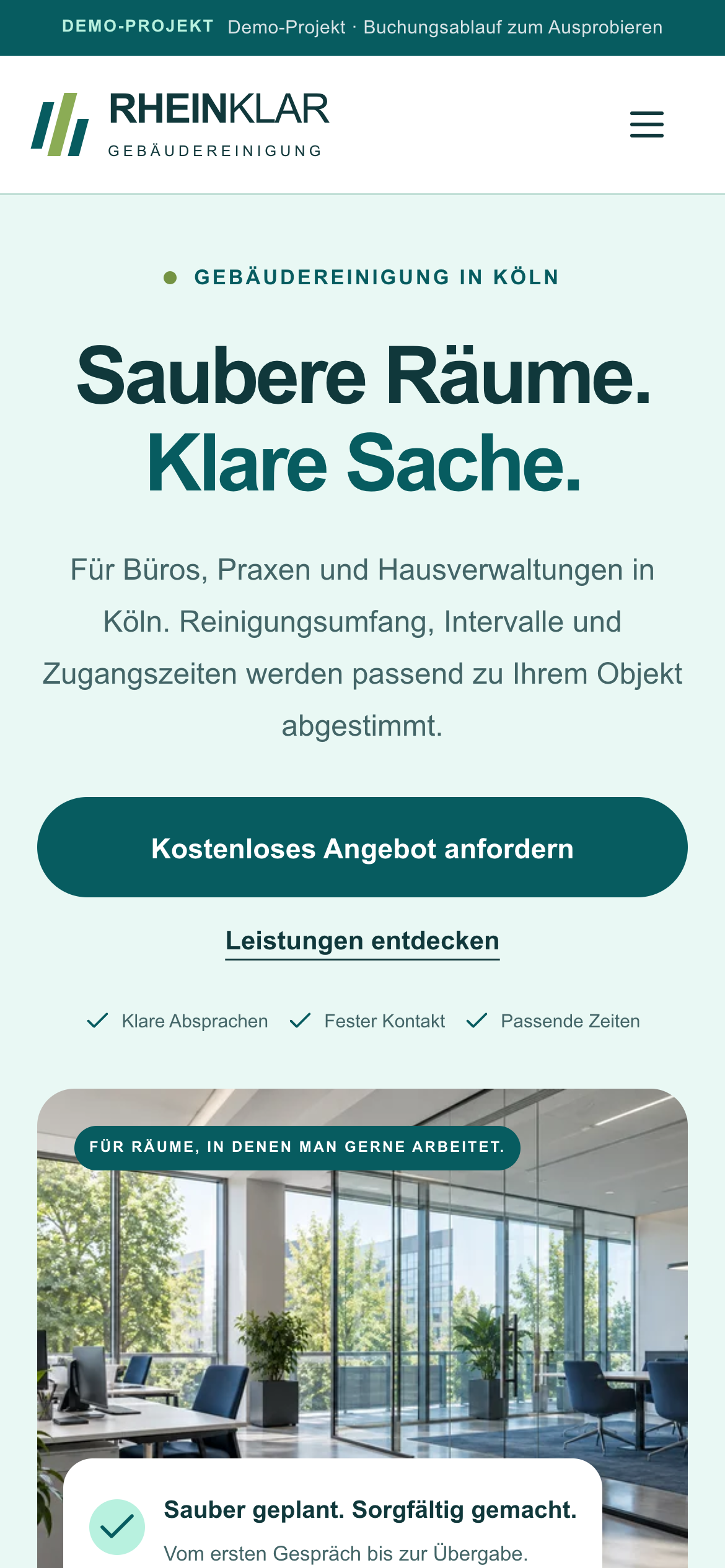 Mobile Ansicht des Rheinklar Demo-Projekts