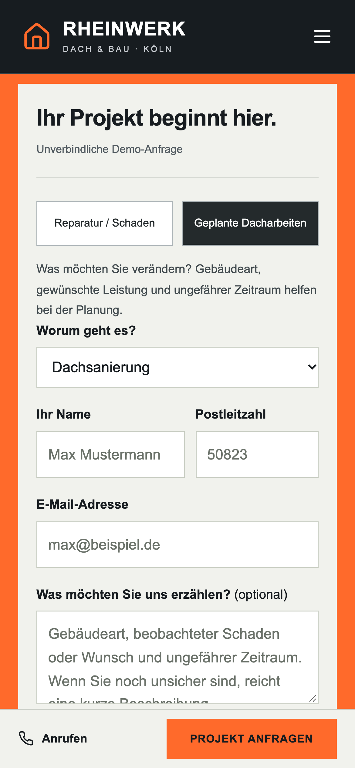 Rheinwerk: tatsächliche mobile Ansicht des Demo-Projekts