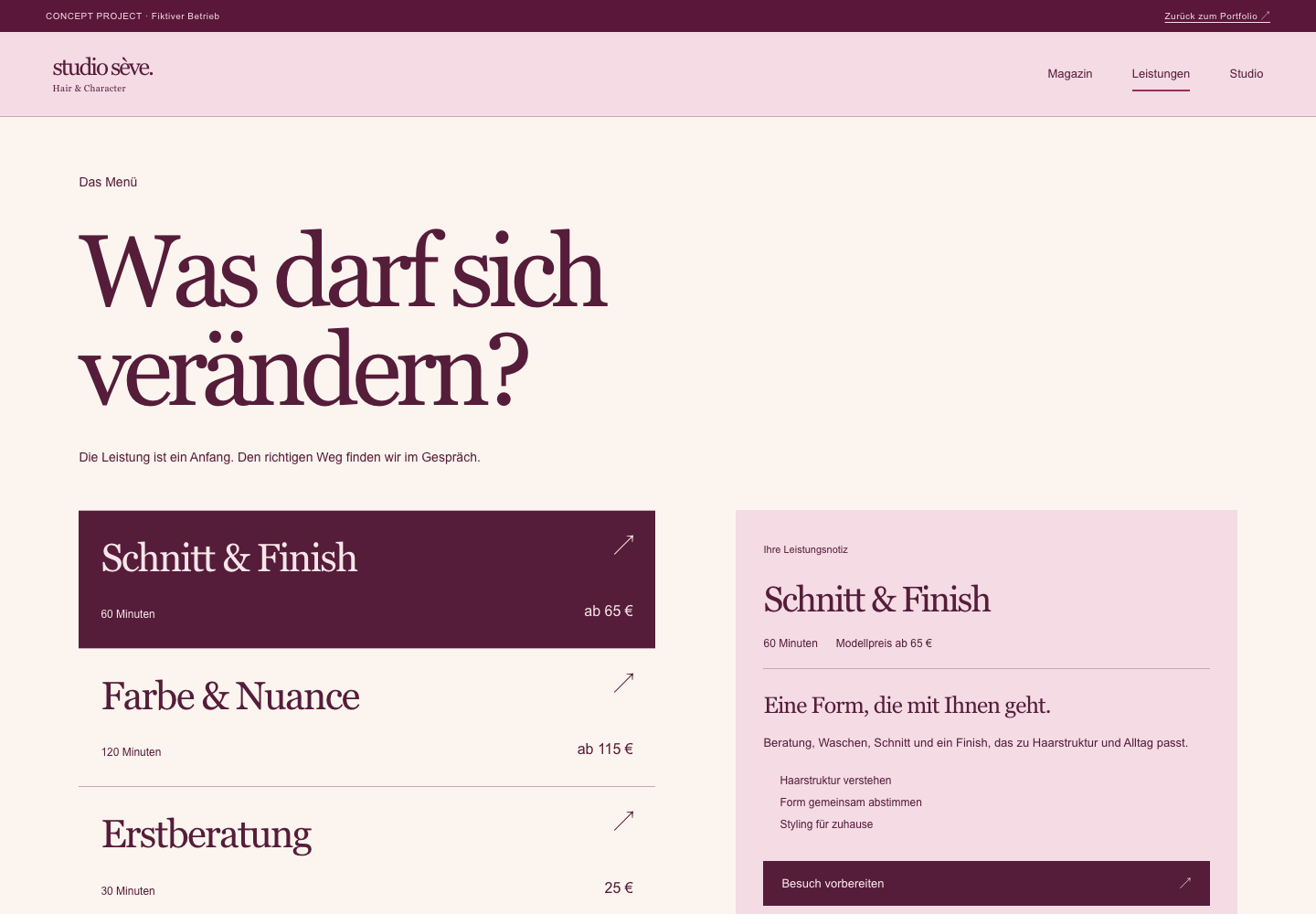 Studio Sève: tatsächliche Ansicht eines Inhaltsbereichs des Demo-Projekts