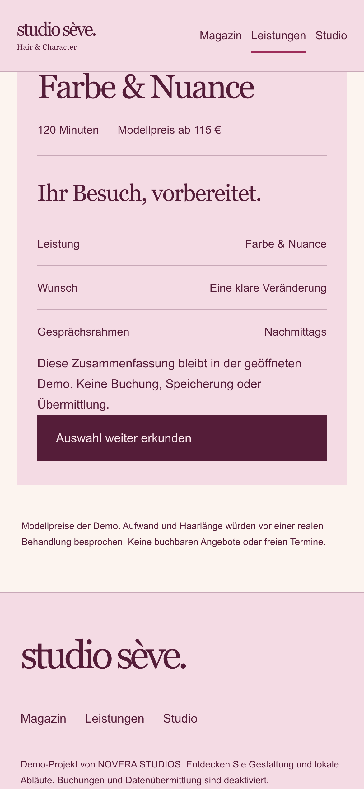 Studio Sève: tatsächliche mobile Ansicht des Demo-Projekts